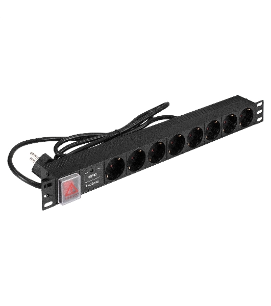 Блок розеток с сетевым фильтром (Surge Protect) и выключателем с подсветкой ExeGate ServerPro PDU-19H802 Al-8S-EU1.8CU-SW-SPD1 (19', 1U, Алюминий, 8 Schuko, кабель с евровилкой VDE-250V-16A-3*1.5мм2, медь, 1.8 метра, выкл. с подсветкой, SPD1, черный, RTL)