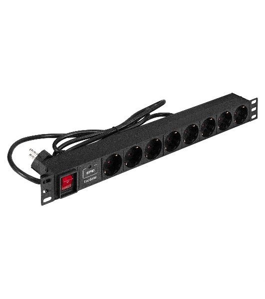 Блок розеток с сетевым фильтром (Surge Protect) и выключателем с подсветкой ExeGate ServerPro PDU-19H802 Al-8S-EU1.8CU-SW-SPD1 (19', 1U, Алюминий, 8 Schuko, кабель с евровилкой VDE-250V-16A-3*1.5мм2, медь, 1.8 метра, выкл. с подсветкой, SPD1, черный, RTL)