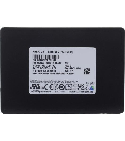 Накопитель SSD Samsung Enterprise, 1.92Tb, PCIe 3.1 x4, 2.5', U.2, NVMe, R/W 3200/2000