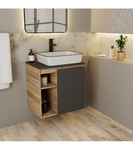 Тумба Bau Dream Blackwood 60 правая, графит, раковина 48х37, смеситель для раковины высокий Hotel Black, черный