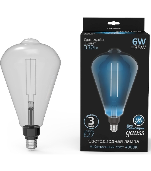 Лампа cветодиодная Gauss Filament ST164 6W 330lm 4000К Е27 gray straight LED