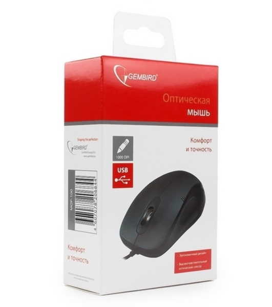 Мышь проводная Gembird MOP-100 черный, 1000 dpi, USB, кнопки - 3