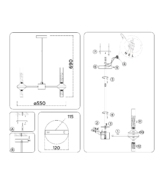 Люстра Ambrella light LH55351/10 BK/CGD/CL черный/золото/прозрачный G9/10 max 30W D550*690