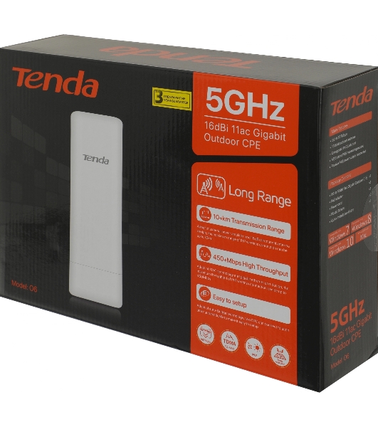 Наружная гигабитная точка доступа Tenda O6, 5 ГГц, до 867 Мбит/с, антенна 1x16dBi, IP65, PoE, LAN 1x1 Гбит/с
