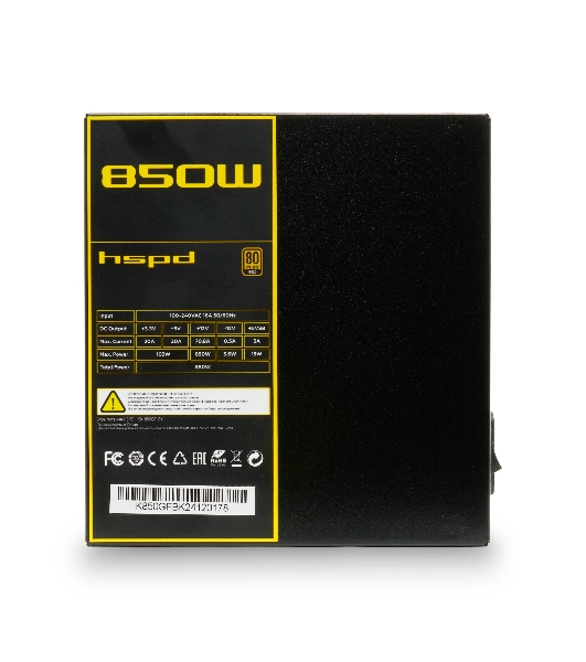 Блок питания HSPD, 850W 80 PLUS Gold (ATX, 2.52, Full modular, 1x24(20+4)pin mesh 550мм, 1xCPU*2 8(4+4)pin 650+150мм, 2xPCIe*2 8(6+2)pin 500+150мм, 2xSATA*3 450+150+150мм, 1xMOLEX4pin*3 450+150+150мм, Active, 120x120мм, 150x140x86мм, APFC, OVP, UVP, SCP, OCP, OTP, OPP, NLO, SIP, black)