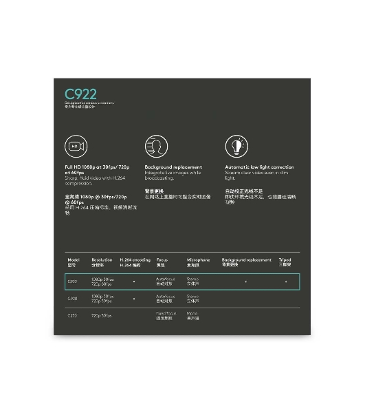 Веб-камера Logitech C922 Pro Stream 1920x1080, 30 кадр/с, USB Type-A, микрофон (2 шт, шумоподавление), автоматическая фокусировка, автоосвещение, универсальное крепление