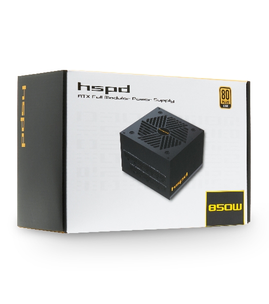 Блок питания HSPD, 850W 80 PLUS Gold (ATX, 2.52, Full modular, 1x24(20+4)pin mesh 550мм, 1xCPU*2 8(4+4)pin 650+150мм, 2xPCIe*2 8(6+2)pin 500+150мм, 2xSATA*3 450+150+150мм, 1xMOLEX4pin*3 450+150+150мм, Active, 120x120мм, 150x140x86мм, APFC, OVP, UVP, SCP, OCP, OTP, OPP, NLO, SIP, black)