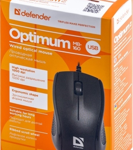 Мышь проводная Defender Optimum MB-160 черный, 1000 dpi, USB, кнопки - 3