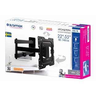 Кронштейн Kromax DIX-18 BLACK(для LED/LCD телевизоров 22'-55', max 40 кг, настенный, 5 ст свободы, наклон ±15°, поворот 180°, от стены 66-605 мм, max VESA 400x400 мм, вращение экрана ±5°, съемная монтажная пластина, кабель-канал, 4 шт/уп.)