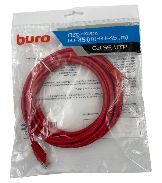 Патч-корд Buro UTP 4 пары cat.5e CCA molded 5м красный RJ-45 (m)-RJ-45 (m)