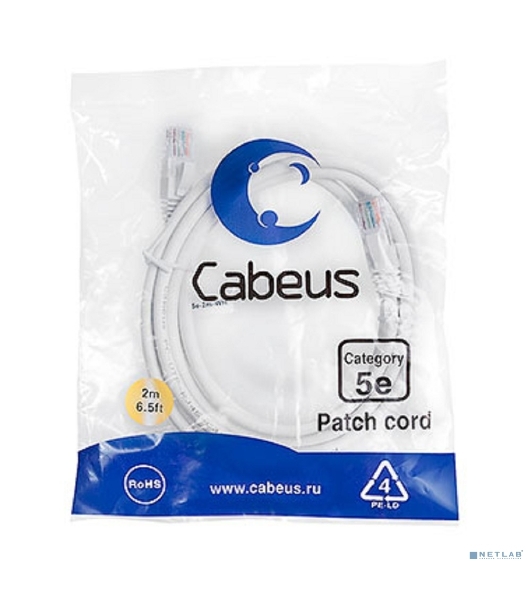 Шнур коммутационный Cabeus, Cat.5e, неэкр., U/UTP, RJ45/RJ45, PVC, AWG24, 2м, белый