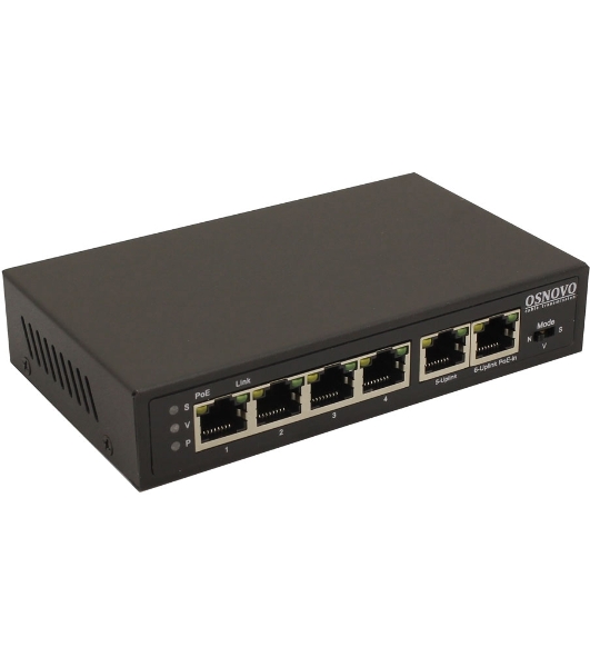 Коммутатор Osnovo SW-20600/D удлинитель FE на 6 портов с питанием по PoE, 4 *10/100 Base-T PoE, 1 *10/100 Base-T Uplink с поддержкой питания по PoE (до 90W), 1 *10/100 Base-T Uplink, PoE на порт - до 30W, суммарно до до 87W