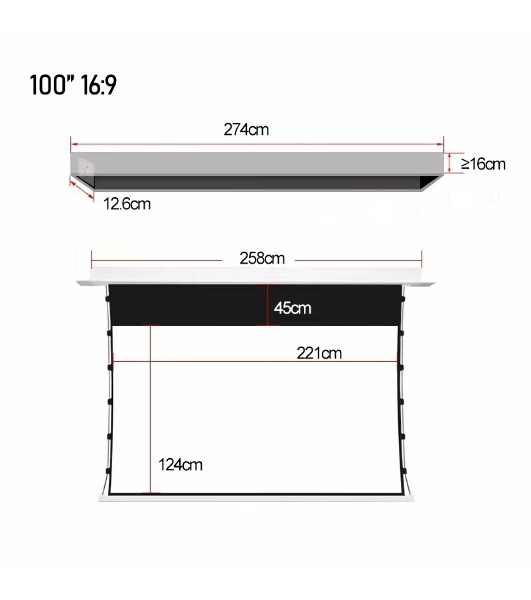 Экран для проектора S'OK SCPSMC-221X125ED45GF для встраивания в потолок моторизованный 100'' с боковым натяжением, полотно Grey Fiberglass, экстрадроп 45см