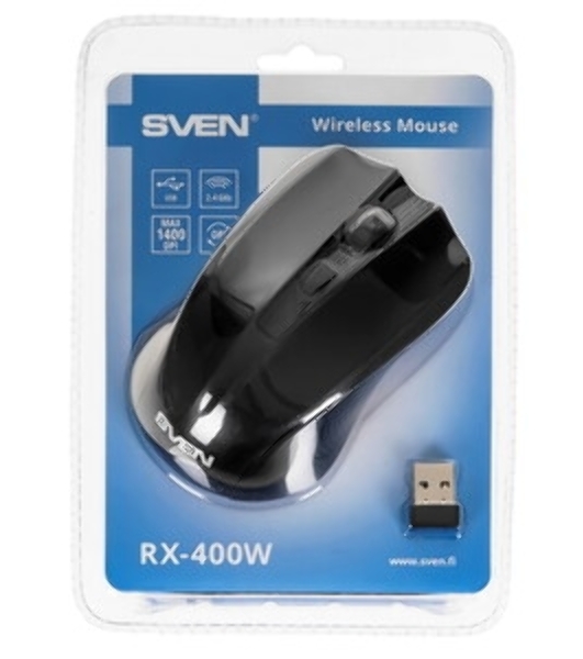 Мышь беспроводная SVEN RX-400W черный, 1400 dpi, радиоканал, USB, кнопки - 4