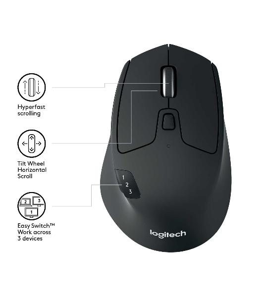 Мышь беспроводная Logitech M720 Triathlon черный, 1000 dpi, радиоканал, Bluetooth, USB, кнопки - 8