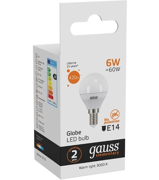 Лампа светодиодная Gauss Elementary 6Вт цок.: E14 шар 220B 3000K св. свеч. бел. теп. (упак.: 10 шт)