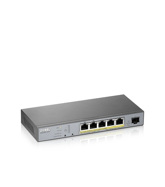 Коммутатор Zyxel GS1350-6HP, 4xGE PoE+, 1xGE PoE++ (802.3bt), 1xSFP, бюджет PoE 60 Вт, дальность передачи питания до 250 м, автоперезагрузка PoE-портов, повышенная защита от перенапряжений и электростатических р