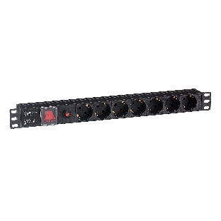 Блок розеток горизонтальный ExeGate ServerPro PDU-19H702 Al-7S-C14-SW-O, 19', 1U, Алюминий, 7 Schuko, С14, защита от перегрузки, черный