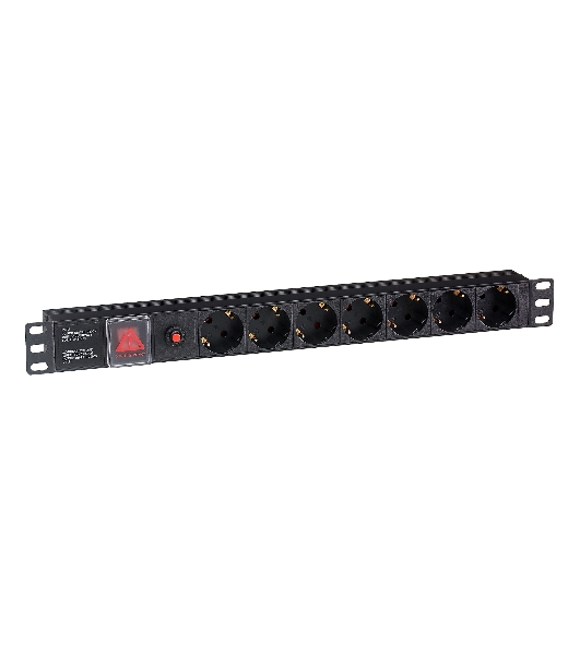 Блок розеток горизонтальный ExeGate ServerPro PDU-19H702 Al-7S-C14-SW-O, 19', 1U, Алюминий, 7 Schuko, С14, защита от перегрузки, черный