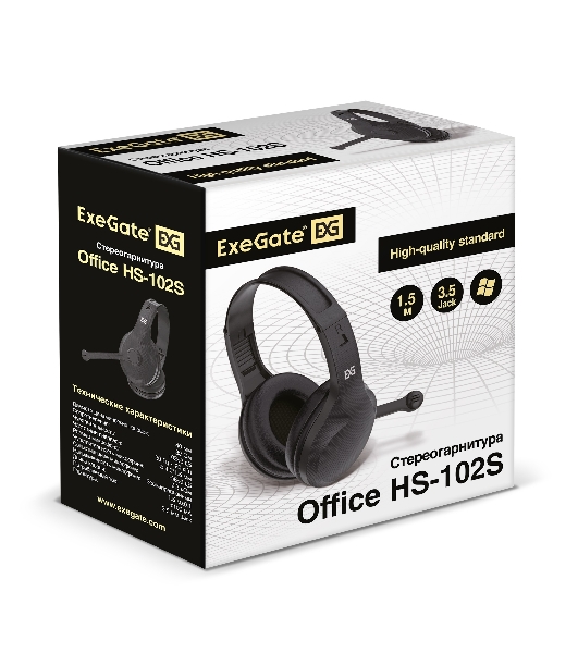 Гарнитура ExeGate Office HS-102S чёрный, проводная, 3.5 мм, накладные, регулятор громкости