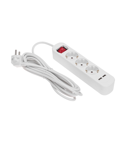 Удлинитель Rexant STANDARD 3 гнезда, 5 м, 3х1,0 мм², с/з, с выключателем, 2 USB, белый