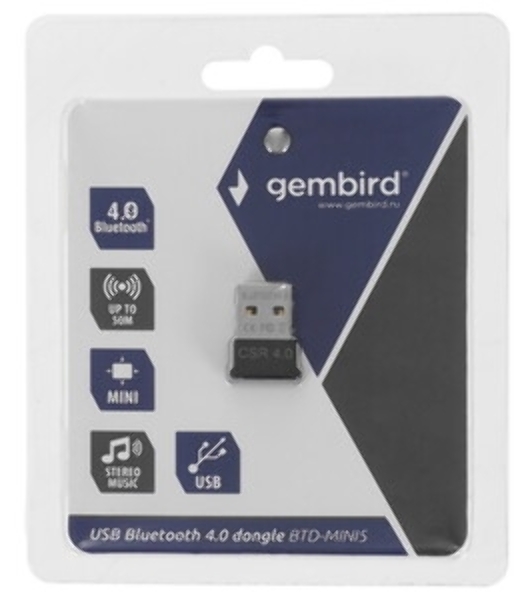 Адаптер Bluetooth Gembird, BTD-MINI5, ультратонкий корпус, v.4.0, 50 метров, до 24 Мбит/сек, USB