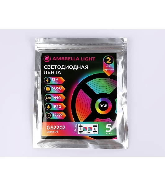 Светодиодная лента Ambrella light GS2202 5050 60Led/ 14.4 m/ 12V IP20 RGB/ 5000*10*1.87mm (4 конт.)