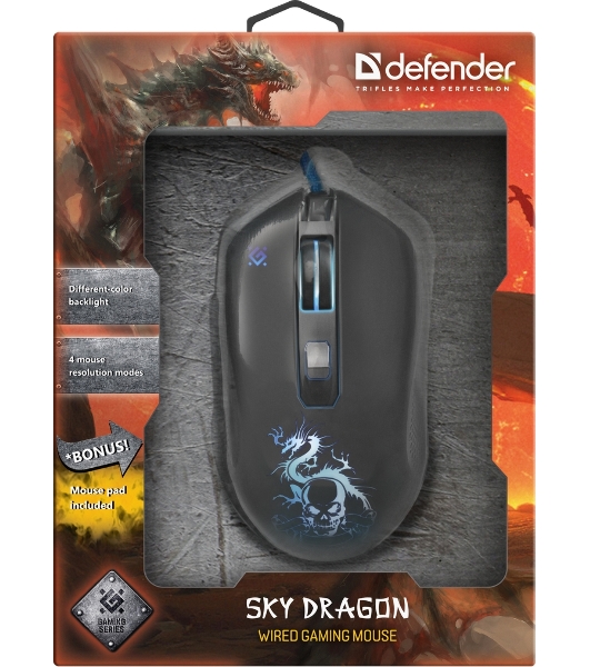 Мышь проводная Defender Sky Dragon GM-090L черный, 3200 dpi, USB, кнопки - 6