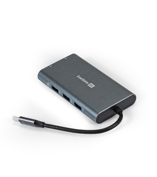 USB-концентратор ExeGate EX293985RUS DUB-31C/MAX (кабель-адаптер USB Type-C --> 3xUSB3.0 + Card Reader + PD 100W + HDMI 4K@30Hz + VGA + Audio + Lan RJ45 10/100/1000Mb, Plug&Play, серый)