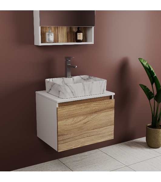 Комплект: тумба Bau Dream Blackwood 60, 1 ящик, раковина прямоугольная BAU Cerama 48х37, мрамор, смеситель Hotel Stil, нерж сталь