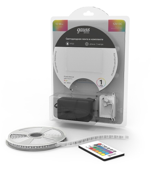 Лента светодиодная Basic в комплекте Gauss 12V 10W/m 700lm/m RGB IP20 LED 3m 1/50