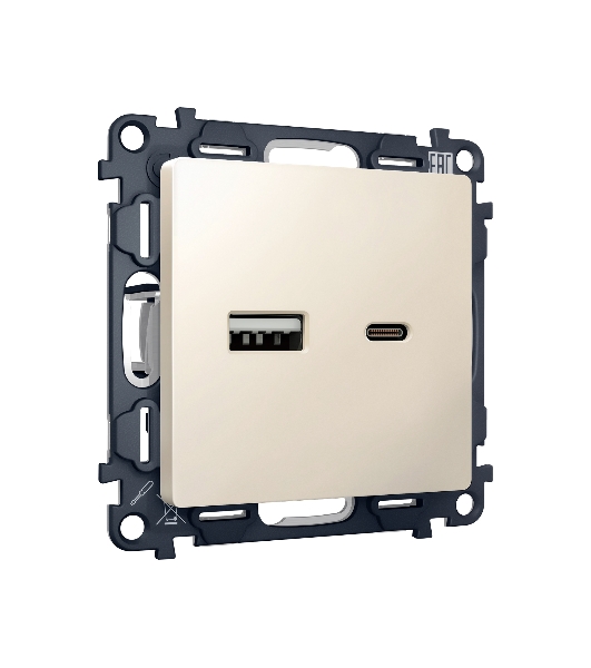 Комплект механизма розетки ALFA Бежевый матовый 2USB A+C 20W (быстрая зарядка) QUANT (AP3310, VM177) MA331010