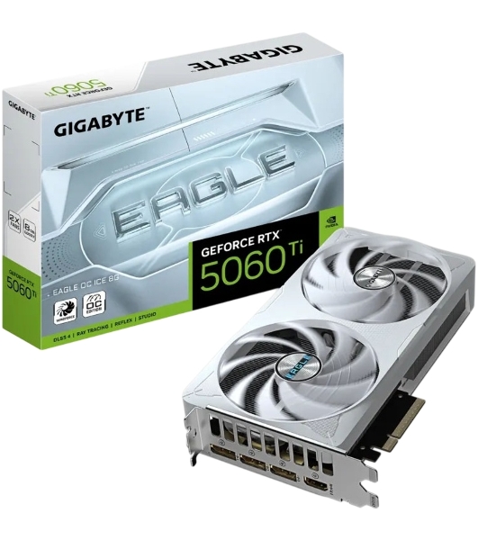 Видеокарта Gigabyte GeForce RTX 5060 Ti Eagle OC Ice, NVIDIA RTX 5060 Ti, 8 ГБ GDDR7, 128 бит, PCI-e 5.0, 1xHDMI, 3xDP, 2617 МГц