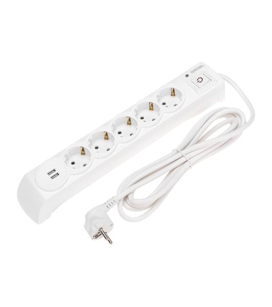 Сетевой фильтр 5 гнезд, 3м, 3х1,5мм², с автовыкл, 2 USB, белый Kranz