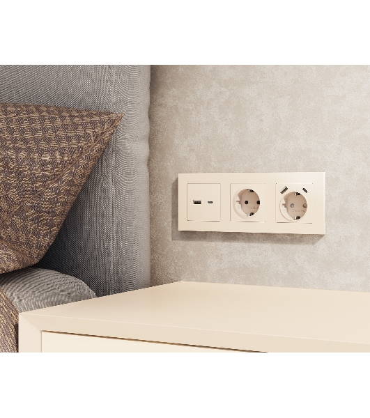 Комплект механизма розетки ALFA Бежевый матовый 2USB A+C 20W (быстрая зарядка) QUANT (AP3310, VM177) MA331010