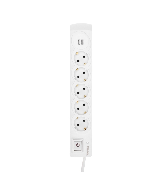 Сетевой фильтр 5 гнезд, 3м, 3х1,5мм², с автовыкл, 2 USB, белый Kranz