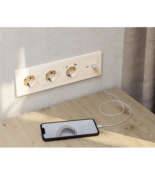 Комплект механизма розетки ALFA Бежевый матовый 2USB A+C 20W (быстрая зарядка) QUANT (AP3310, VM177) MA331010