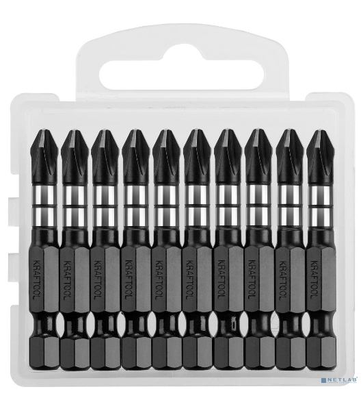 Биты KRAFTOOL Impact Pro, Philips, тип хвостовика E 1/4', PH2, 50мм, 10шт, в пластиковом боксе