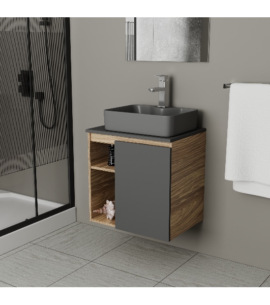 Тумба Bau Dream Blackwood 60 правая, графит, раковина BAU Cerama 48х37 темно-серая матовая, смеситель Hotel Still, нерж. сталь