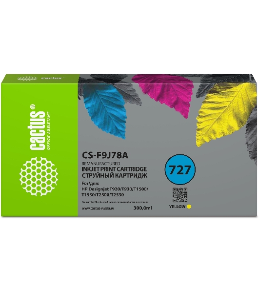 Картридж струйный Cactus CS-F9J78A 727 желтый (300 мл) для HP DJ T920/T930/T1500/T1530/T2500/T2530