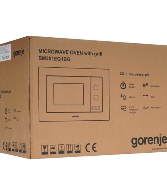 Встраиваемая микроволновая печь Gorenje, 20 л, 5 уровней мощности, 15 автопрограмм, электронное управление, дисплей, гриль, поворотный стол, цвет черный, ВxШxГ 38х56.8х34 см