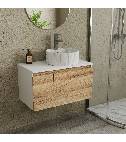 Комплект: тумба Bau Dream Blackwood 80, Раковина круглая накладная BAU Element D41, мрамор, смеситель Hotel Stil, нерж сталь