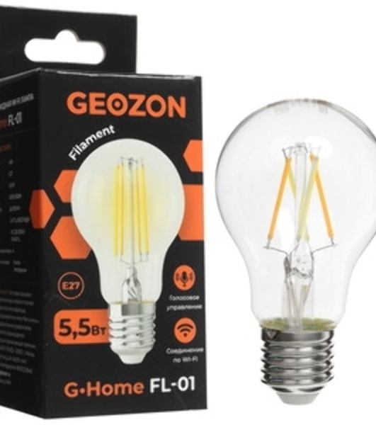 Умная LED лампа филамент GEOZON/E27/A60/5.5W/2200K-5500K/Wi-Fi/AC 220-250В, 50/60Гц/500lm/transparent GSH-SLF01