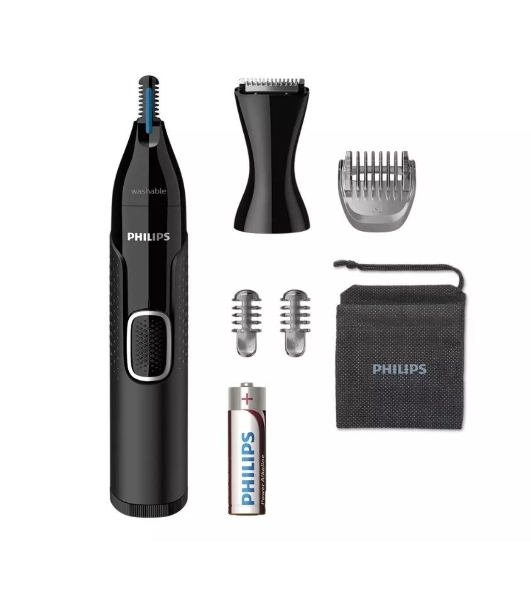 Триммер Philips для носа и ушей, черный, корпус - пластик, 3 насадки-гребня, насадка - триммер, щеточка для очистки, мягкий чехол, батарейка