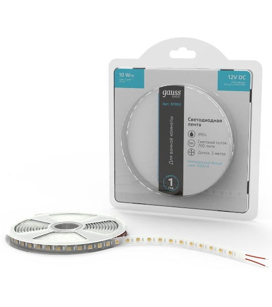 Лента светодиодная Basic Gauss 12V 10W/m 700lm/m 4000K IP65 LED 3m 1/100