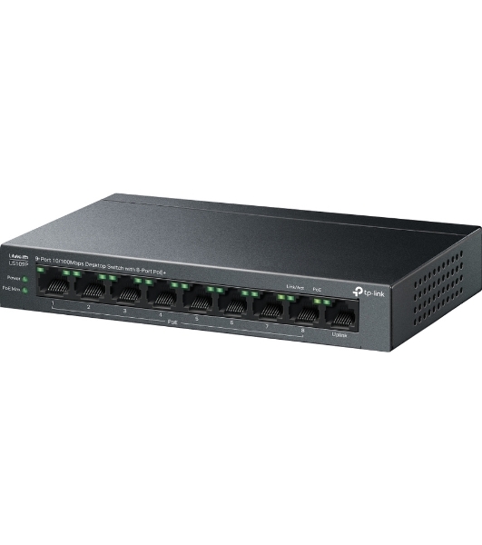 Коммутатор настольный TP-Link LS109P с 9 портами 10/100 Мбит/с (8 портов PoE+)