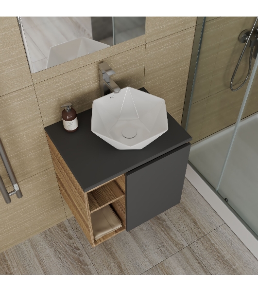 Тумба Bau Dream Blackwood 60 правая, графит, раковина BAU Crystal 40х40, смеситель для раковины высокий Hotel Still, нержавеющая сталь, выпуск клик клак, белый