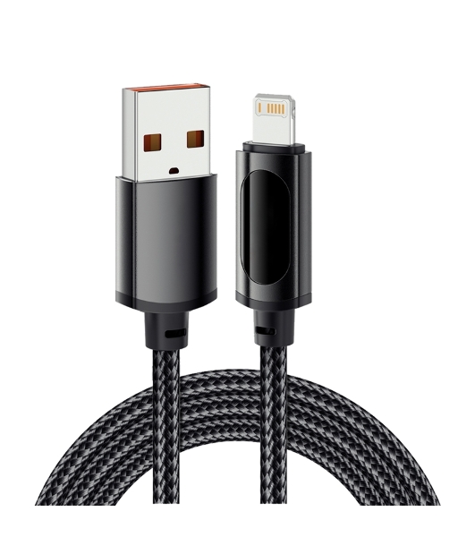 Кабель Rexant USB-A - Lightning для Apple, 2,4А, 1м, в черной нейлоновой оплетке, c LED дисплеем