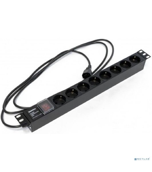 Hyperline SHE19-8SH-S-2.5IEC Блок розеток для 19' шкафов, горизонтальный, с выключателем с подсветкой, 8 розеток Schuko (10A), 250В, кабель питания 3х1.0мм2, длина 2.5 м, с вилкой IEC 320 C14, 482.6x4