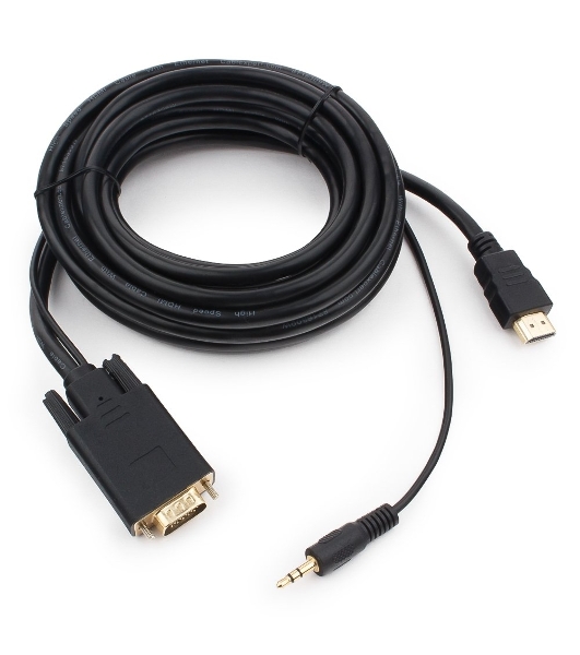 Кабель HDMI->VGA Cablexpert A-HDMI-VGA-03-5M, 19M/15M + 3.5Jack, медь, позол.разъемы, 5м, черный, пакет